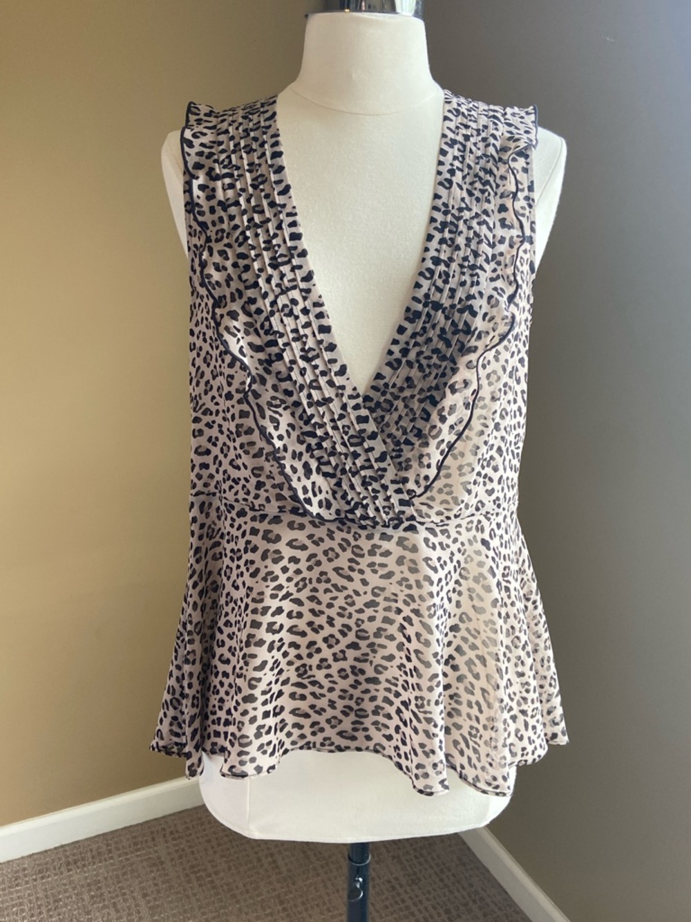 Cabi Sleeveless V-Neck Leopard Print Ruffle Top - Size Small, Animal Print